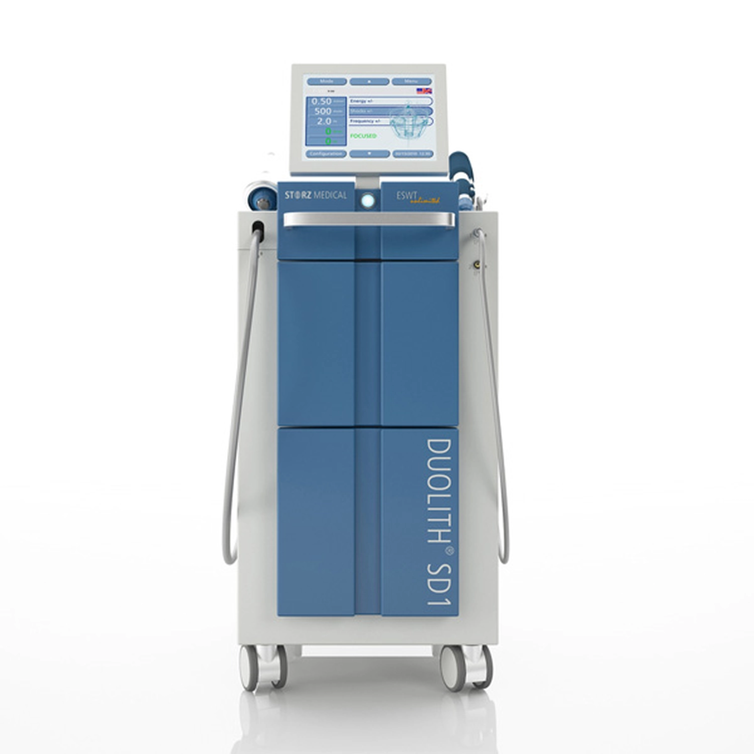 Praxis für Chiropraktik - Therapien und Behandlungs - Das DUOLITH SD1 ist ein professionelles System zur extrakorporalen Stoßwellentherapie (ESWT) von STORZ MEDICAL. Es handelt sich um ein hohes, klinisches Medizinprodukt in blau-weißem Moduldesign auf einem fahrbaren Untergestell mit digitaler Touchscreen-Oberfläche zur Anzeige der Behandlungsparameter.